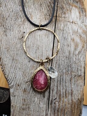 Gold Hoop Necklace with Pink Teardrop Gem and Clear Crystal Charm